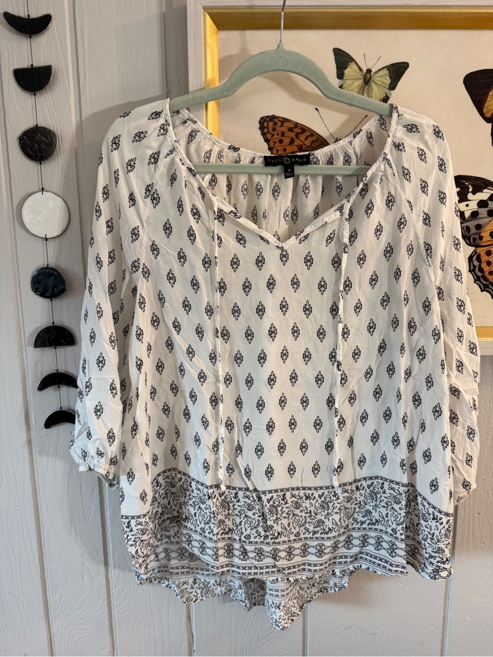 Fred David White Blouse with Black Geometric Print - Women Tops